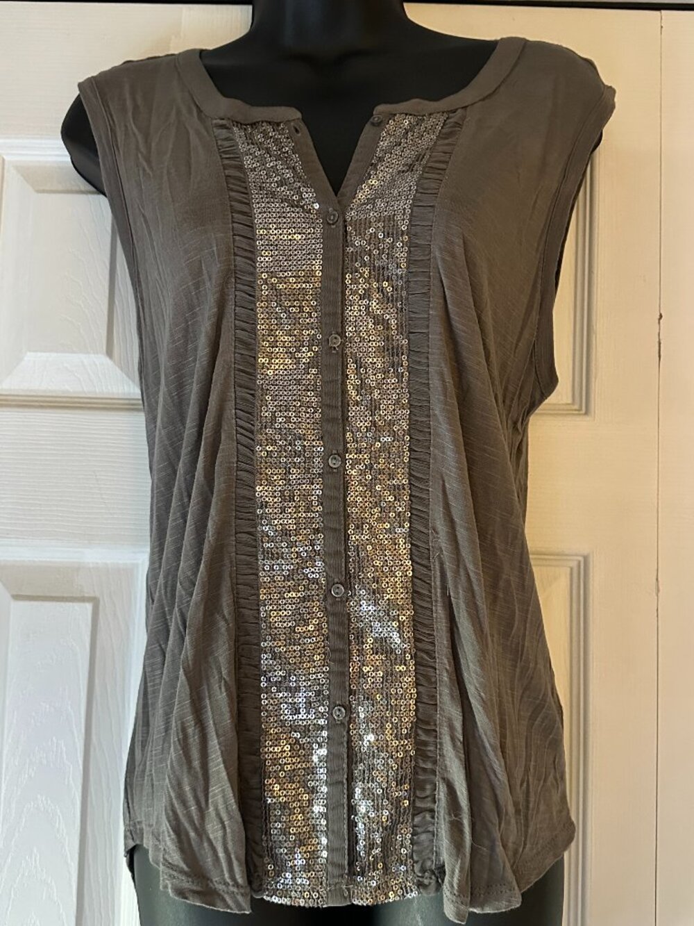 American Eagle Sequin Front Tank Top XS Taupe Sleeveless Blouse